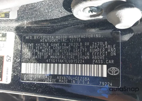 2020 Toyota Camry Se from USA, damaged, VIN 4T1G11AK1LU915224